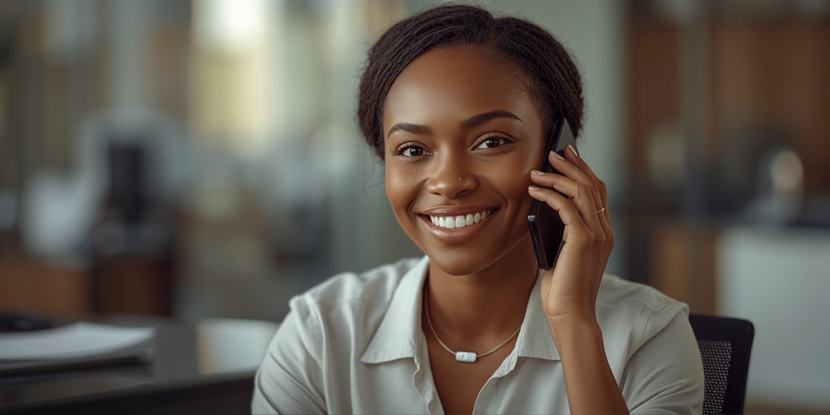 Woman in light blue shirt smiling while talking on phone at office desk